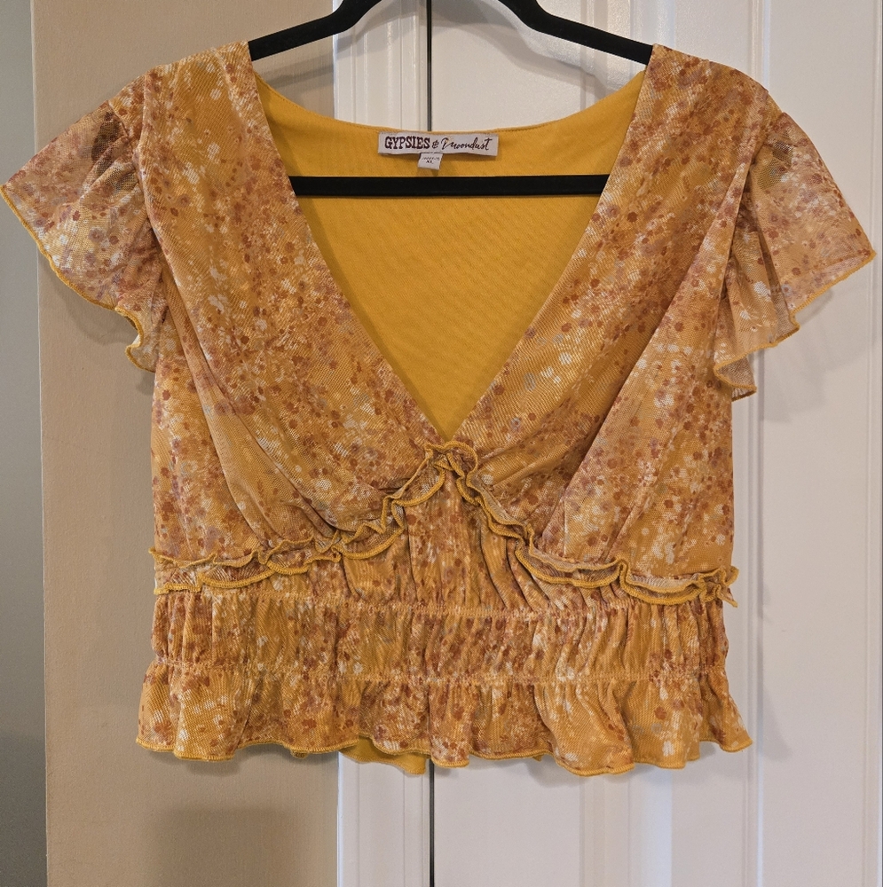 Gypsies & Moondust Yellow Floral Crop Top Junior's Sz XL